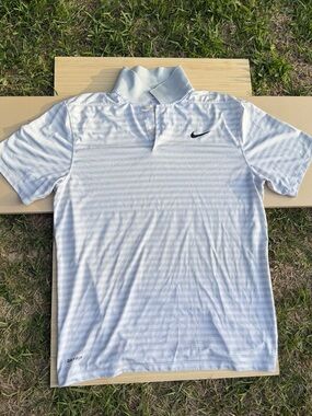 Nike Men’s White Striped Dri-FIT Polo with Black Swoosh